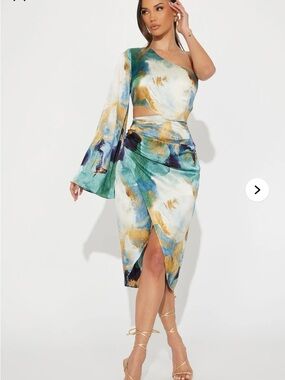 One-Shoulder Abstract Print Midi Dress in Teal & Gold